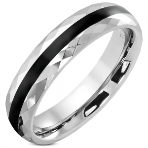 Inel din tungsten multifatet cu dunga neagra [0]